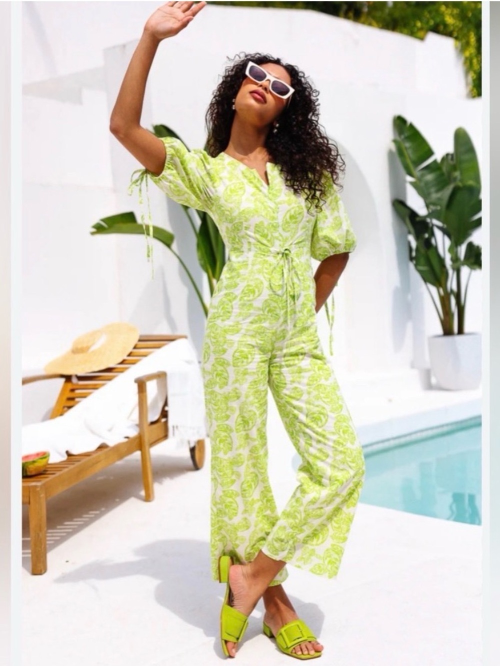 Ivy City Co Lime Green Printed Short-Sleeve Jumpsuit